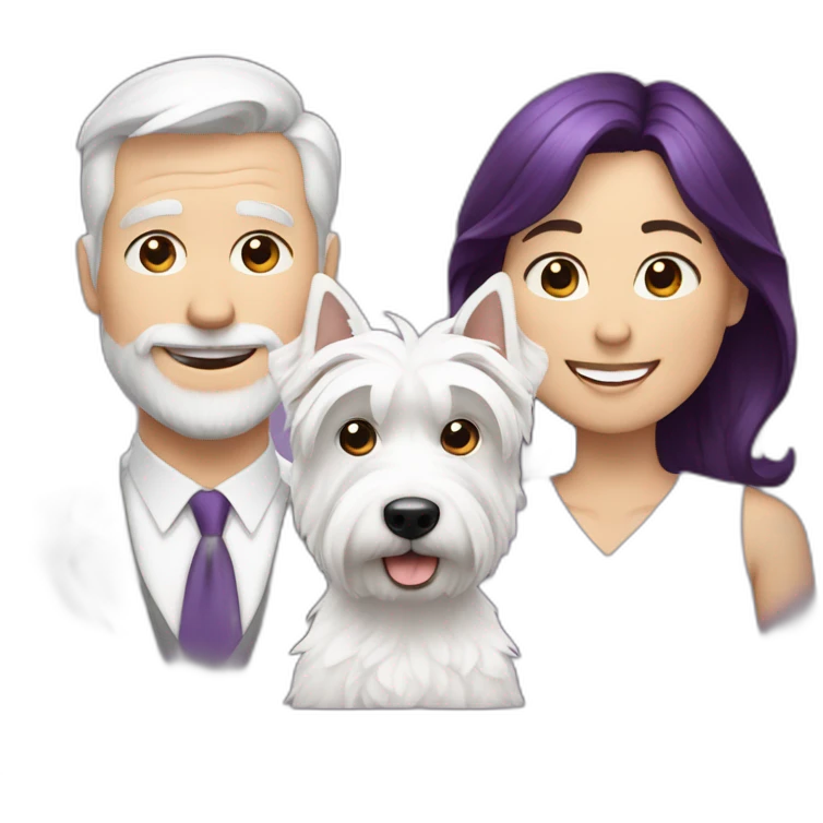 a family consisting of 1 white man with dark brown hair, 1 white woman with purple hair and 1 happy west highland white terrier emoji