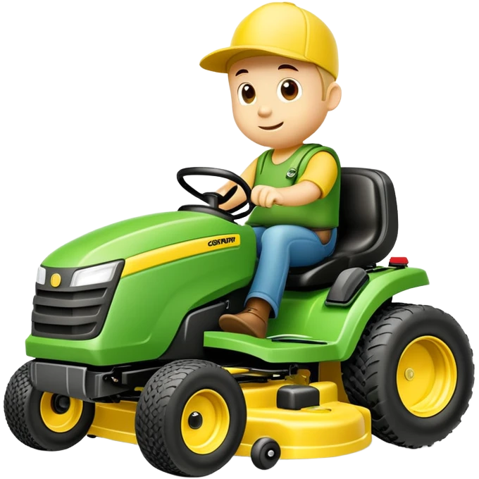 Lawn mowing mascot named grassy gus a green guy (not a human) on a completely yellow zero-turn ride on mower emoji