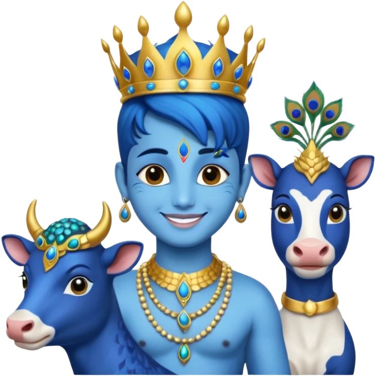 Krishna with cows, blue-skinned deity, peacock feather crown emoji