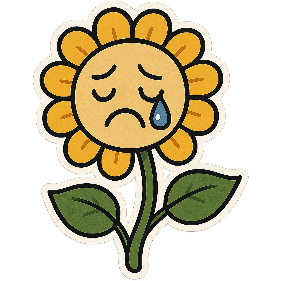 Make the sad flower have a teardrop in the style of cartoonish stickers emoji