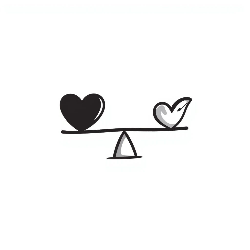 A simple scale balancing a feather and a heart, representing emotional balance and lightness. Hand-drawn doodle style. emoji