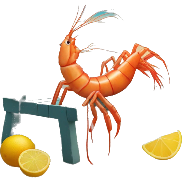 Shrimp sitting on beach side bench with cocktail in hand emoji