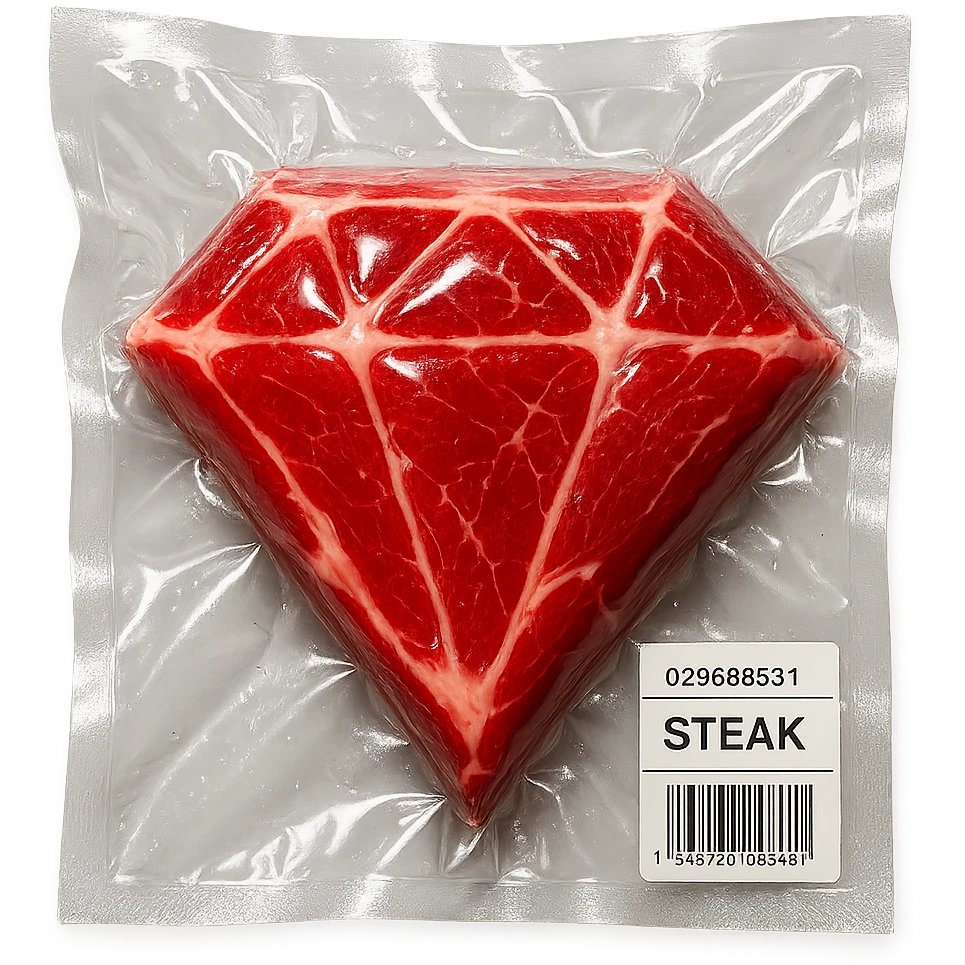 steak shaped like a diamond, extra glossy and puffy vacuum-sealed style emoji