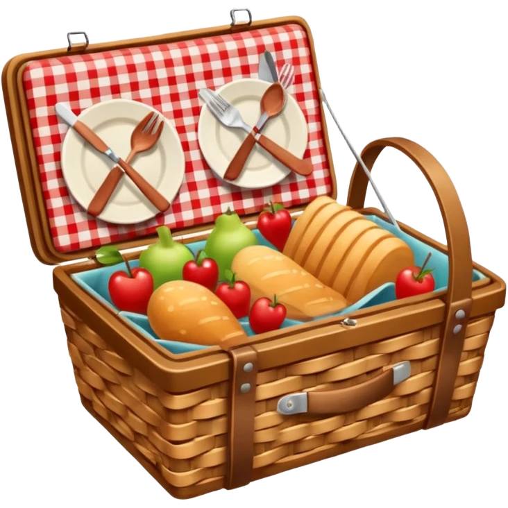 Picnic basket with red checkered cloth and filled with delicacies emoji