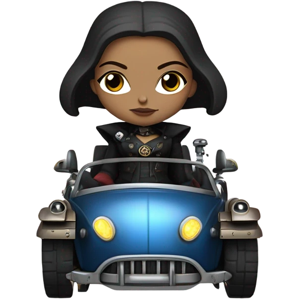 Jedi bounty hunter Wednesday Addams racing sitting in a modern blue,red and pewter steampunk electric luxury emoji