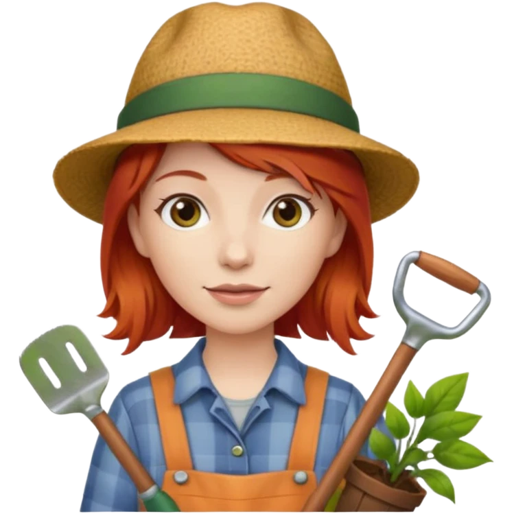 red hair gardener holding gardening tools, with hat emoji