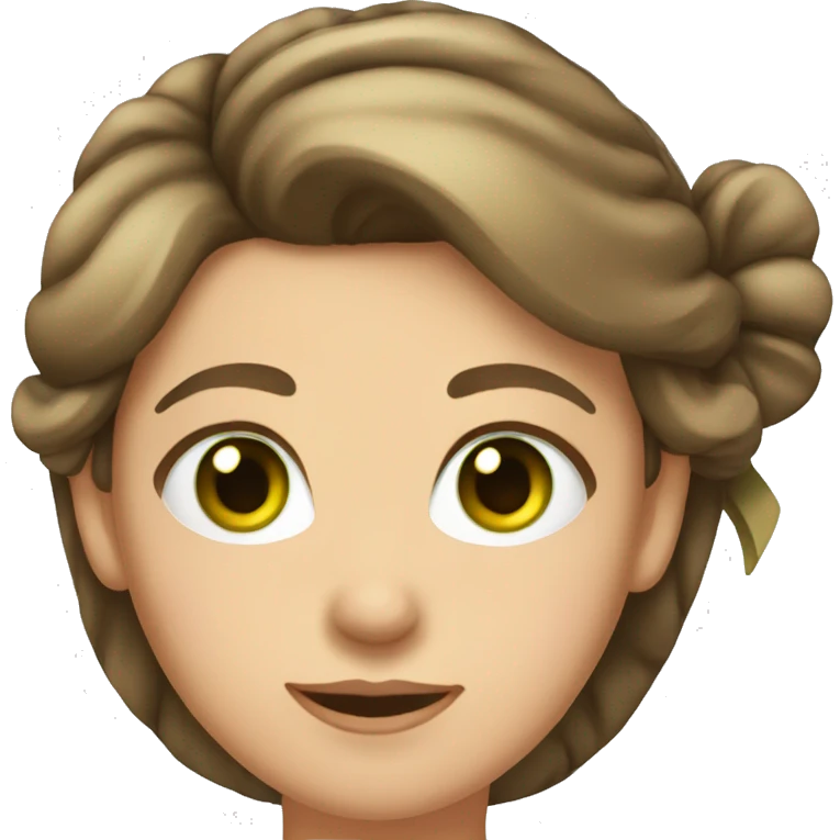 Mom with a bow in her hair and hair up. Brown hair, green eyes, round face emoji