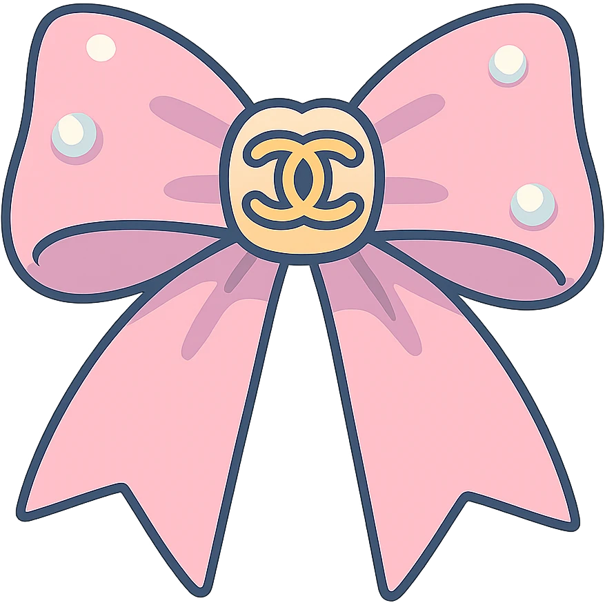 elegant bow with pearls and gold Chanel logo, glossy, pastel colors emoji