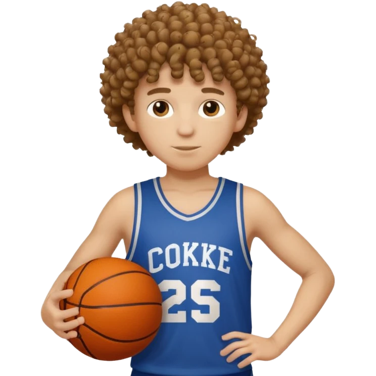 a curly haired boy with a basketball his shirt says cooke emoji