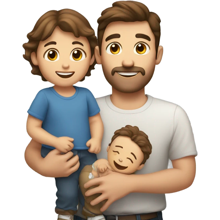 Happy brown haired dad holding a small boy, small girl, and baby boy emoji