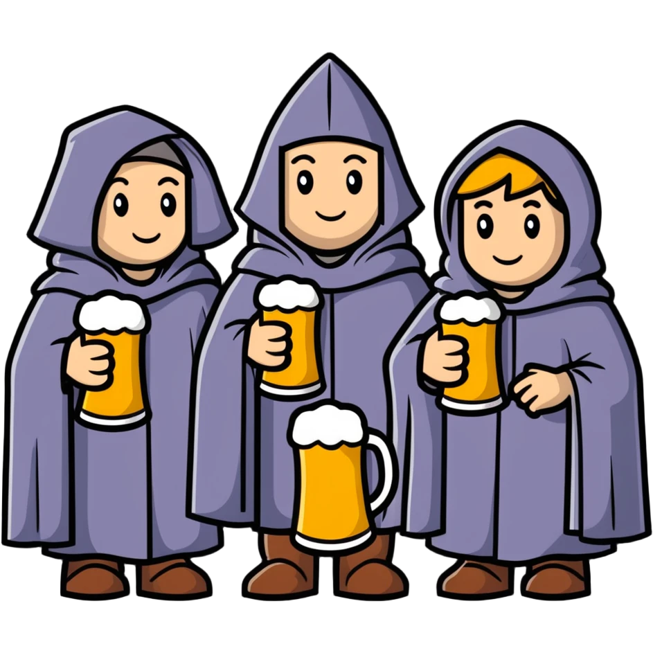 group of medieval pilgrims with cloaks and beer bottles emoji