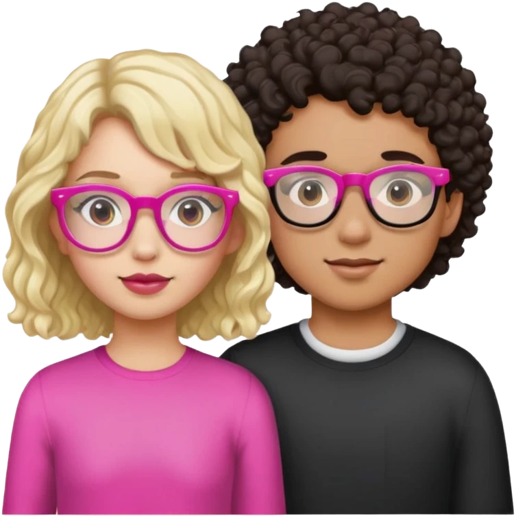 Girl with Dark Brown Curly Hair, Pink glasses, And a mixed skin tone. Boy with white skin tone, Blonde Hair and black glasses  emoji