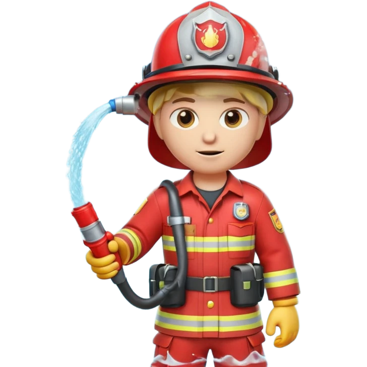 A 3D Apple-style emoji character dressed as a firefighter in a bright red uniform and helmet, holding a fire hose spraying water forward, determined expression with cartoonish eyes, water splashing effect, clean minimal background emoji