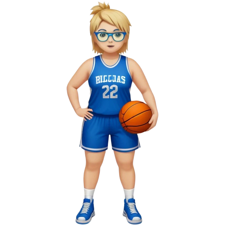 Full Body white plus size Girl with basketball spikey short brown and blonde hair  wearing blue glasses with green eyes wearing basketball uniform emoji