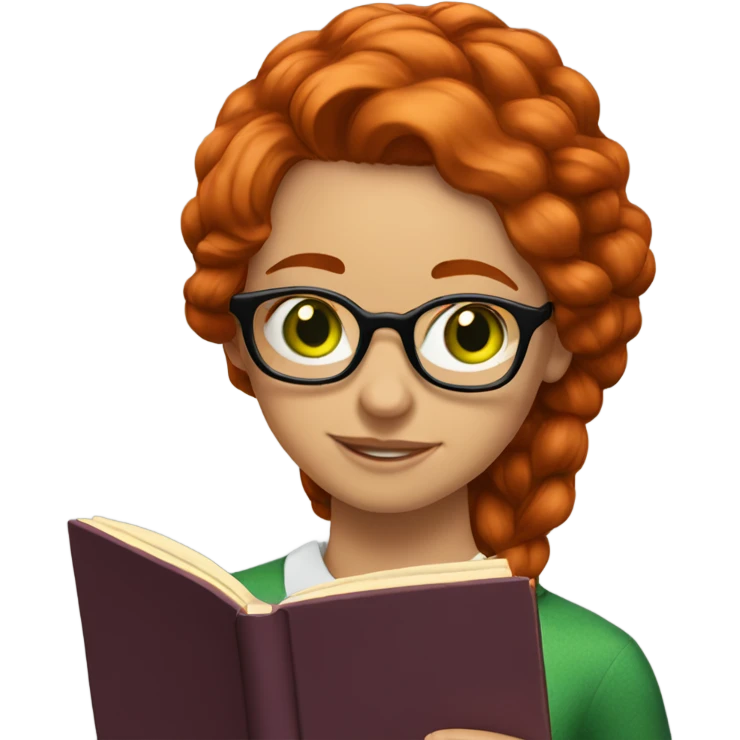 Nerd emoji of a Girl with red hair and green eyes with glasses reading a book emoji