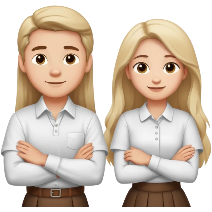 A boy in a white shirt and a girl with long hair in a skirt crossed their arms over their chests - with happy faces emoji