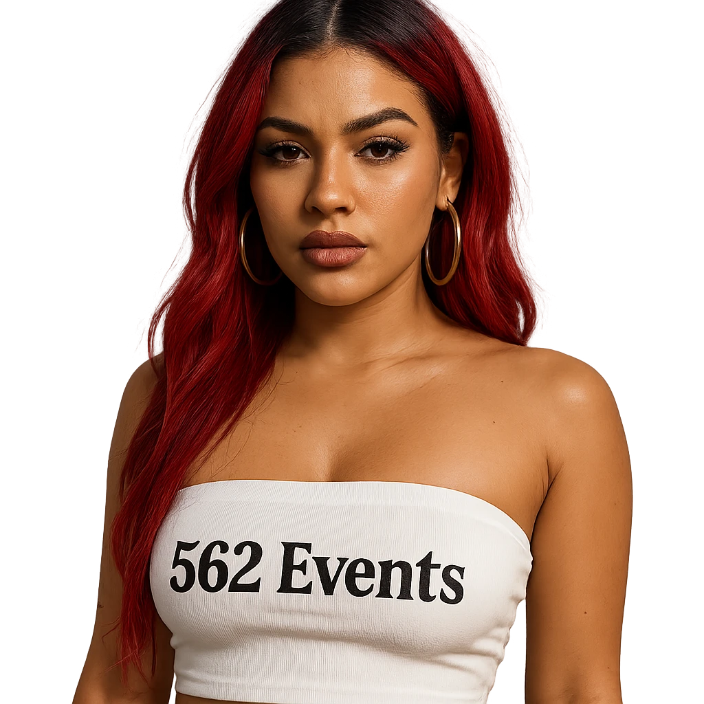 realistic baddie with red hair, wearing a white tube top with '562 Events' written on it emoji