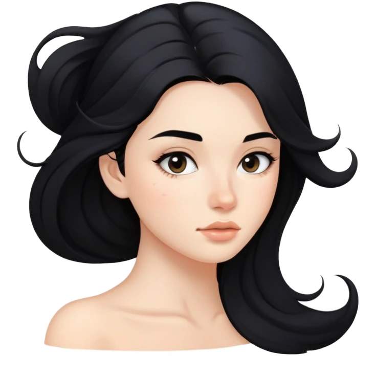young woman with acne on face, flowing black hair and subtle makeup emoji