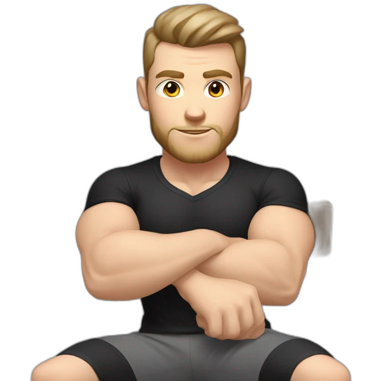 Pale skinned Fit Man With the biceps and dark brown hair in black shirt, gray sports shorts and white Sneakers Sitting on a chair emoji