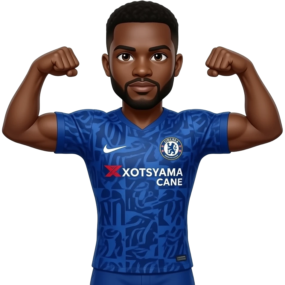 Black man double arm flex wearing Chelsea FC away kit emoji