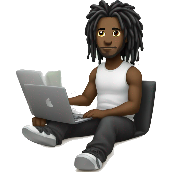 Black-guy-with-dreads-wearing-black-trackstuit-sitting-down-on-chair facing-foward-focused-on-laptop-computer- emoji
