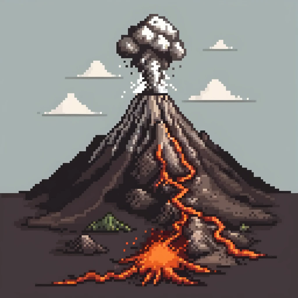 Volcanic landscape with erupting volcano, lava flows, and smoke clouds emoji