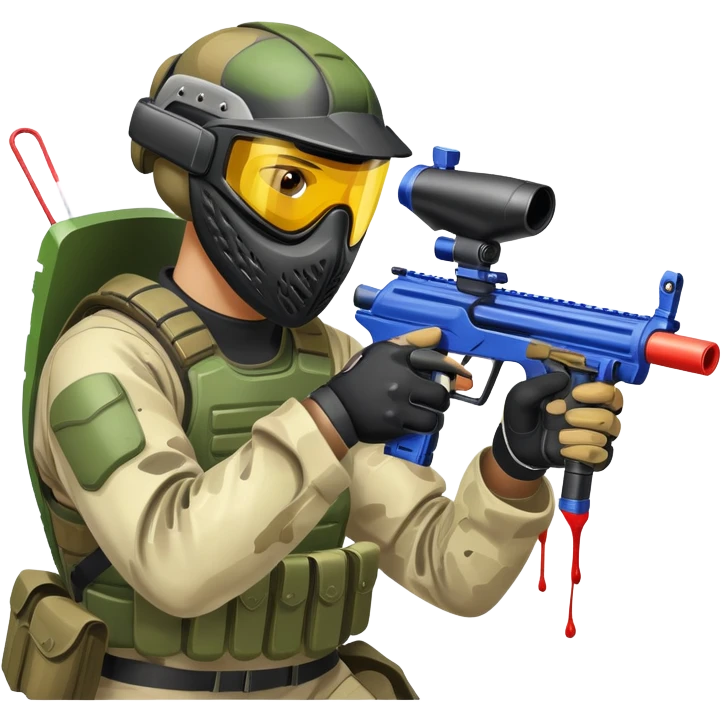 A paintball player in full gear, aiming a paintball gun with focus and determination. The scene includes vibrant splashes of paint and a dynamic battlefield setting, emphasizing action, strategy, and teamwork in a competitive environment emoji