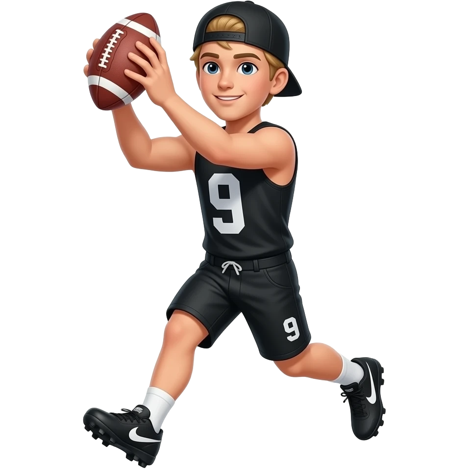 White skin teenager boy with blonde medium hair black tank top number 9 black shorts number 9 Nike cleats black skull cap catching the football emoji