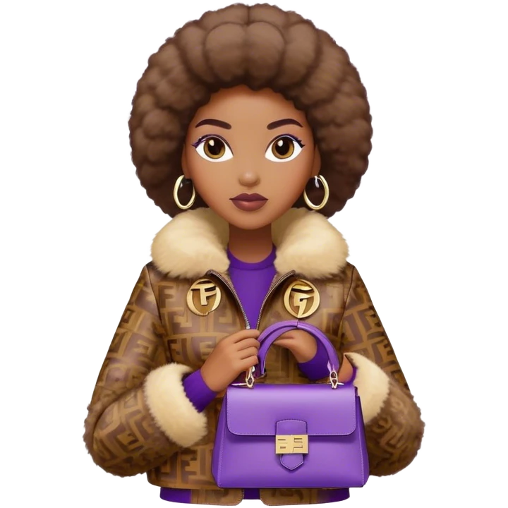 Beautiful black woman wearing a brown monogram Fendi jacket with a fur trim. She is carrying a purple Fendi Mini Peekaboo Bag. I want the image to start at her head and end at the chest emoji