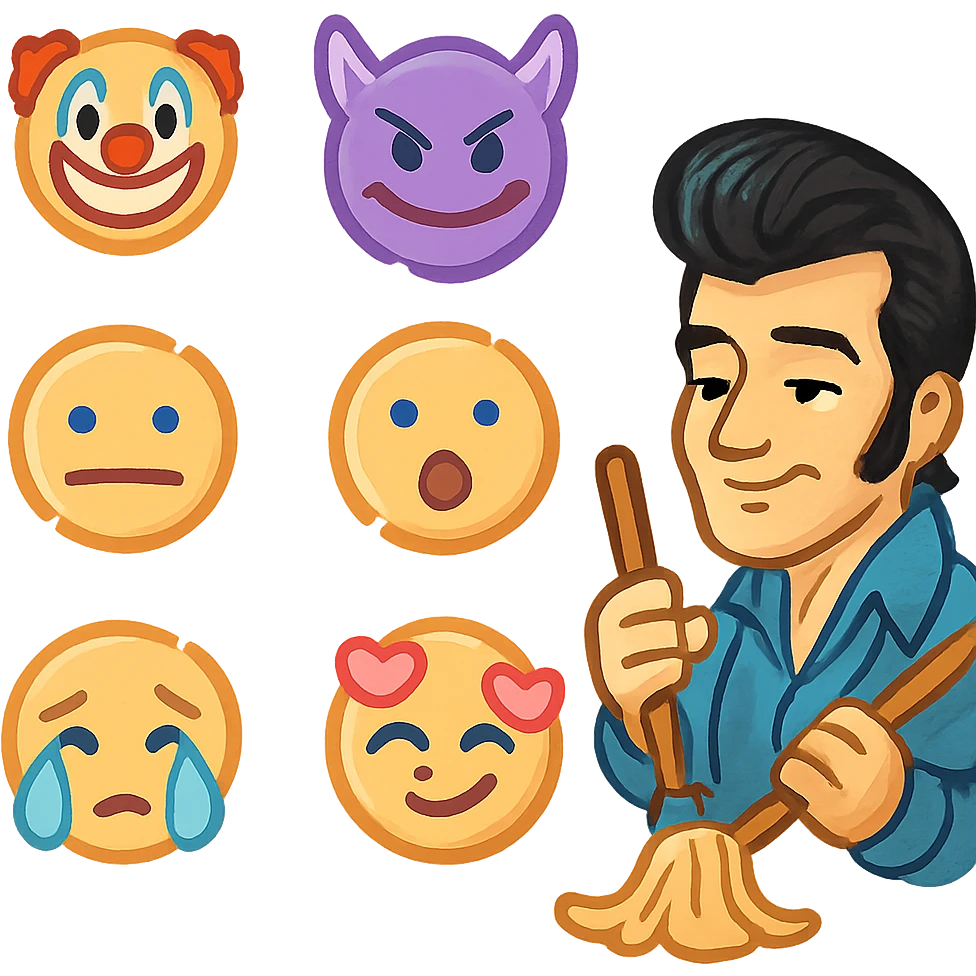 elvis emoji with a mop emoji