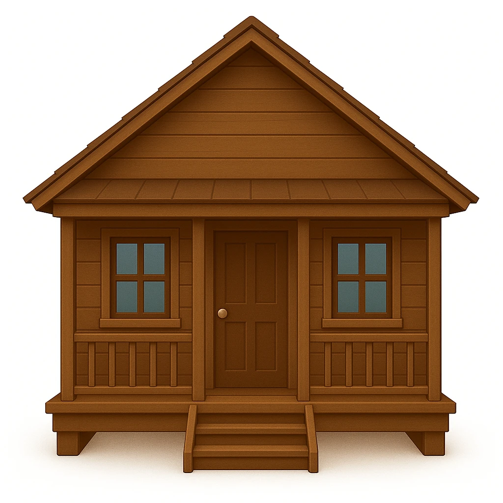 A wooden house typical of Puerto Rican rural neighborhoods, with a simple and cozy design featuring a central functional door, two symmetrical windows, a front porch with open railings, and space for a rocking chair. Emoji style, brown and wooden, no star, no symbol, no chimney, light brown emoji