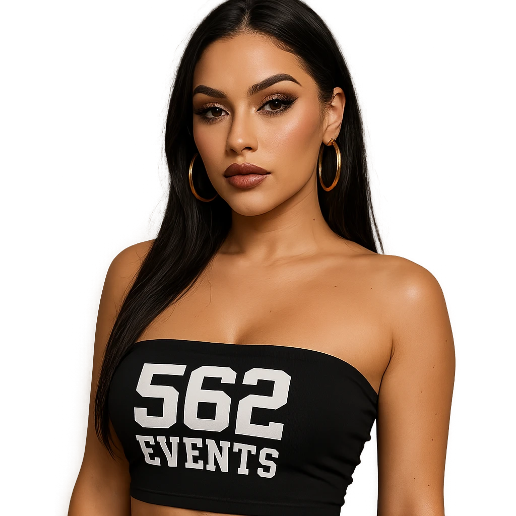 realistic baddie with light skin, wearing a tube top with the text '562 Events' written on it emoji