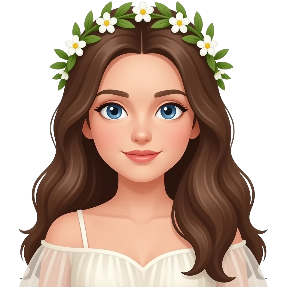 Ragazza occhi azzurri capelli castani lunghi vestito elegante corona alloro con fiori piccoli bianchi solo in testa emoji