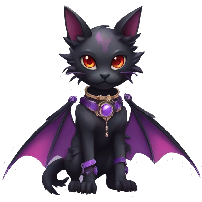 cool kawaii edgy evil black purple red ethereal fantasy beautiful elegant nargacuga-bat-cat-Fakemon wearing legs spats a collar harness with jewelries full body emoji