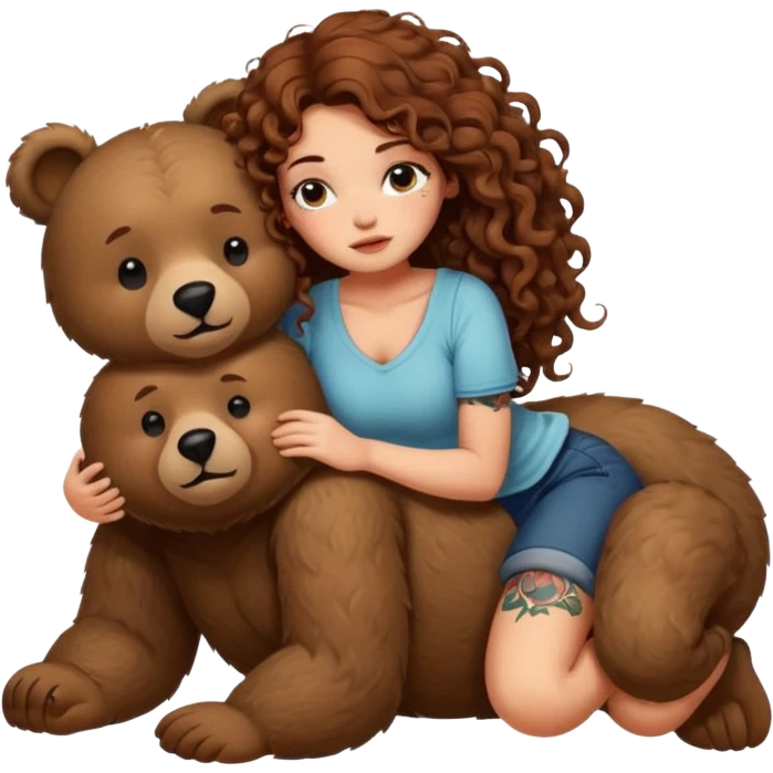 cute woman long curly brown hair tattoos riding sleepy bear emoji