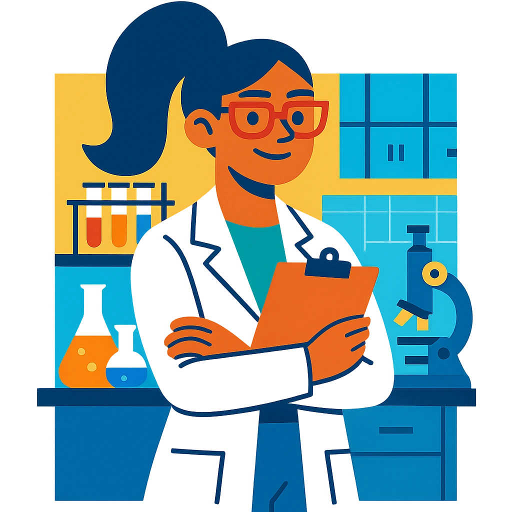 female scientist holding a clipboard, confident pose, modern lab background emoji