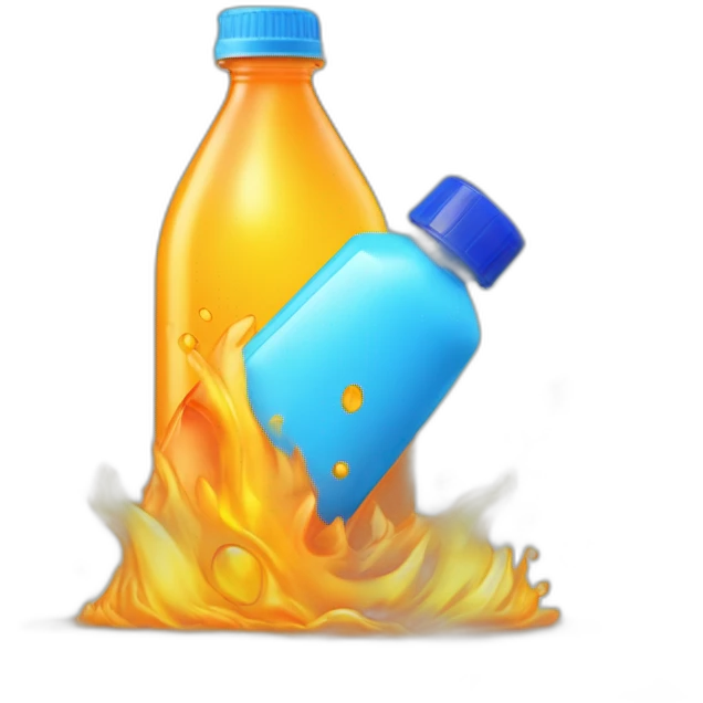 plastic bottle with blue cap, and detitle being SLAP in blue color with a yellowish cartoony fire on the background and the juice being orange emoji