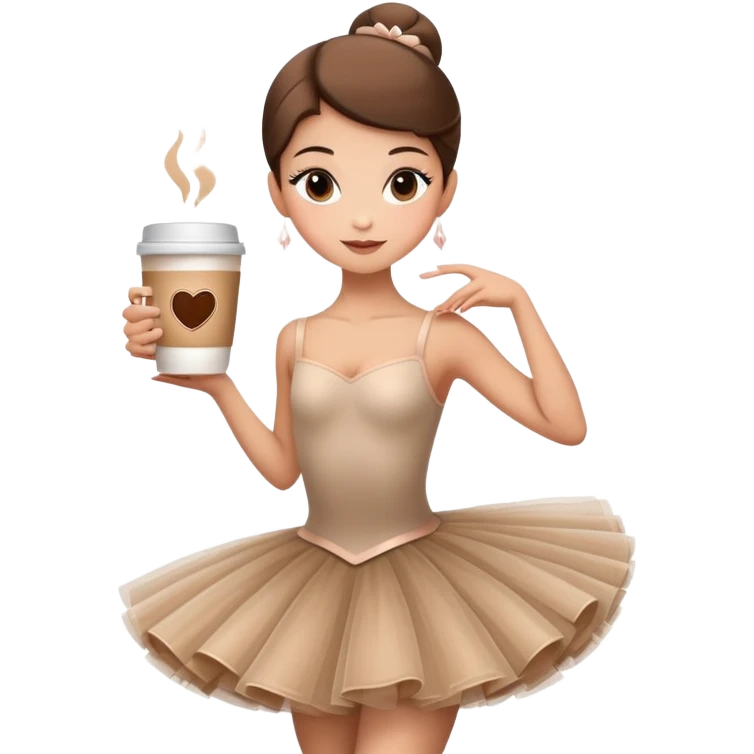 Elegant ballerina in a cappuccino-colored tutu, posing gracefully with a coffee cup emoji
