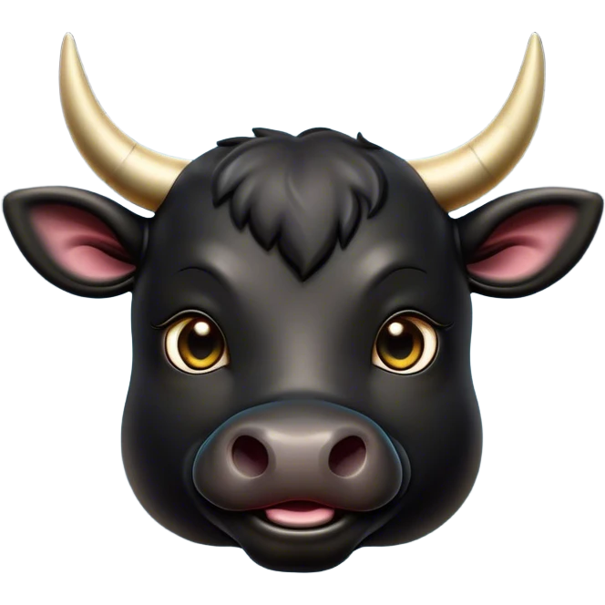 Cinematic Cute Black Bull Portrait Emoji, Head tilted playfully and inquisitively, featuring a glossy, robust black hide with a striking sheen, round, sparkling dark eyes filled with gentle curiosity, Simplified yet irresistibly adorable features, highly detailed, glowing with a warm, friendly glow, high shine, affectionate and imposing, stylized with a touch of rugged charm, bright and endearing, soft glowing outline, capturing the essence of a mischievous yet loving bull, so playful it feels like it could stomp out of the screen and into your arms! emoji