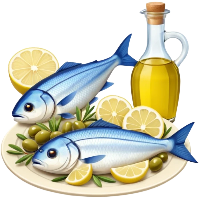 Mediterranean cuisine humanless avatar in clean emoji-style illustration. Olive oil, fish, lemon, blue and sunny colors, light and fresh mood, flat design, high contrast. emoji