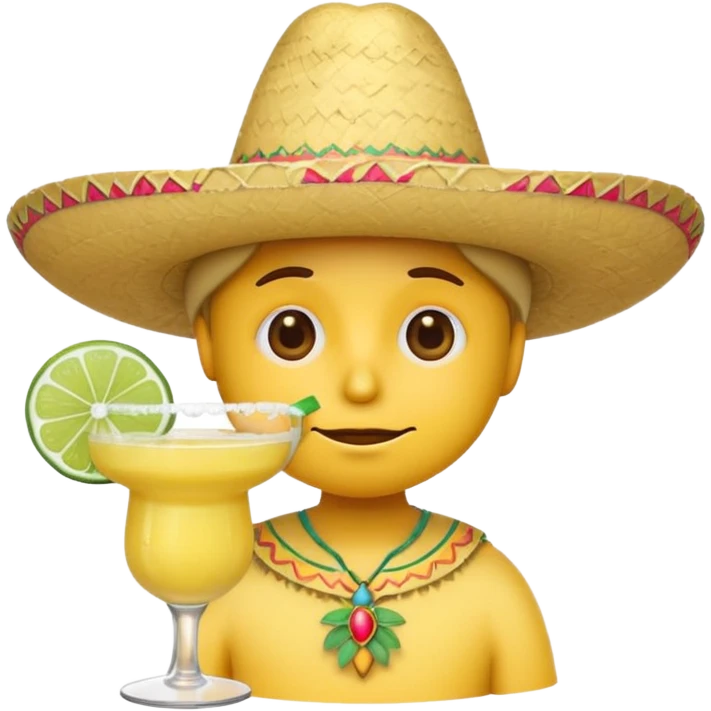 Sad yellow emoji wearing sombrero drinking margarita emoji
