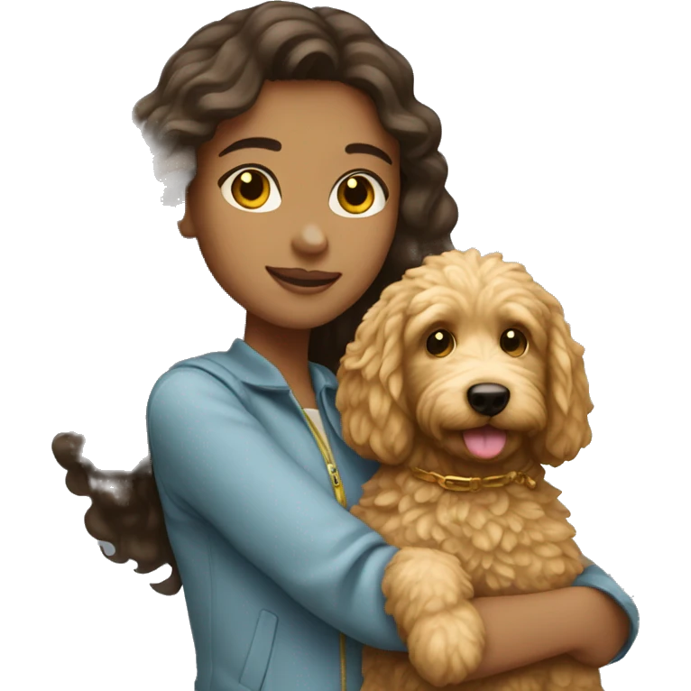 brunette girl holding golden doodle  emoji