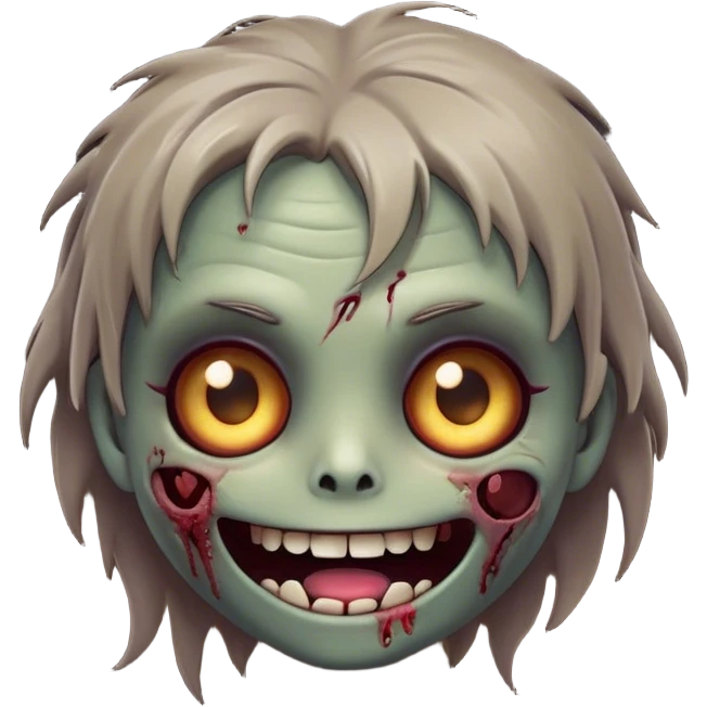 Cinematic Cute Zombie Portrait Emoji, with a delightfully quirky, slightly disheveled face in muted ashen hues, featuring quirky bright eyes and a playful, stitched-together smile, simplified yet irresistibly charming, highly detailed with a soft glowing outline that captures the adorable, offbeat spirit of a zombie who’s more cute than creepy! emoji