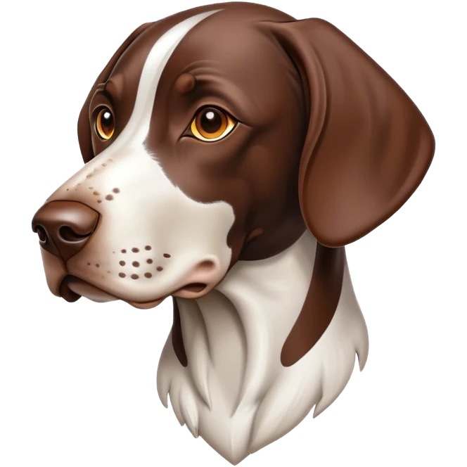 Cinematic German Pointer Portrait Emoji, Elegant and alert, sleek brown and white tones, Simplified yet sharp features, highly detailed, glowing with a warm, confident glow, high shine, intelligent and poised, stylized with an air of grace, focused and attentive, soft glowing outline, capturing the essence of agility and loyalty, so lifelike it feels as though it could spring into motion at any moment! emoji
