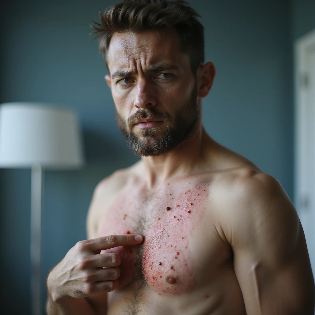 realistic man with inflamed rash on torso, gently examining the area with worried expression, soft lighting, clinical background, medical realism, dermatology focus, 4K emoji