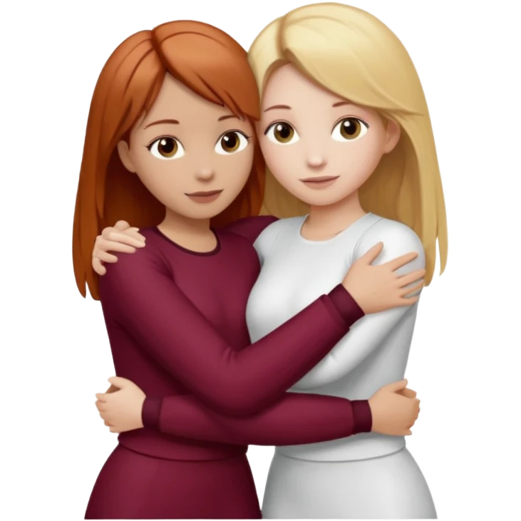 two girls who hug eachother. one has auburn hair with blonde highlights and very pale skin , other has medium-fair skin and blonde hair. girl with auburn or dark blonde hair is wearing a white outfit and girl with blonde hair is wearing a burgundy outfit emoji