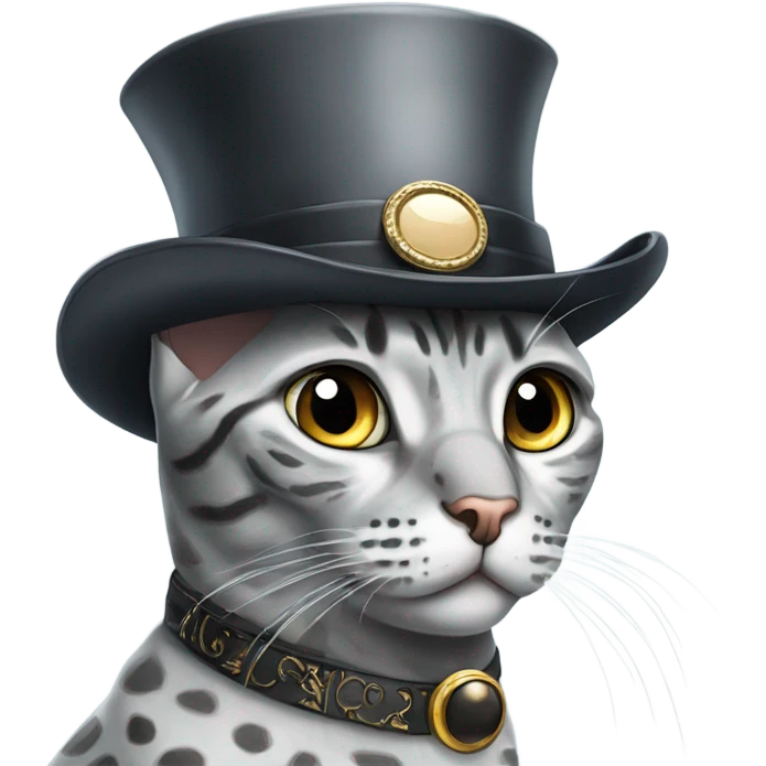 A highly sophisticated grey Egyptian Mau with a top hat and a monocle emoji