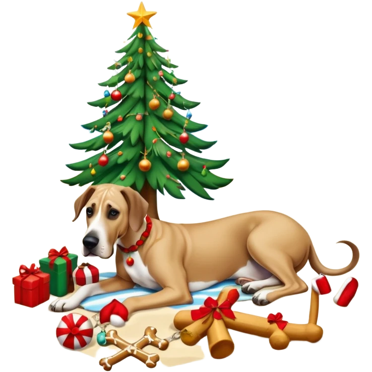 Fawn Great Dane laying on a tropical beach with a Christmas tree and dog bones under the tree emoji