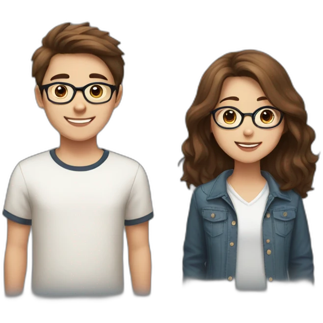 girl with half long brown hair with a boy with short brown hair and glasses with a happy samoyed emoji