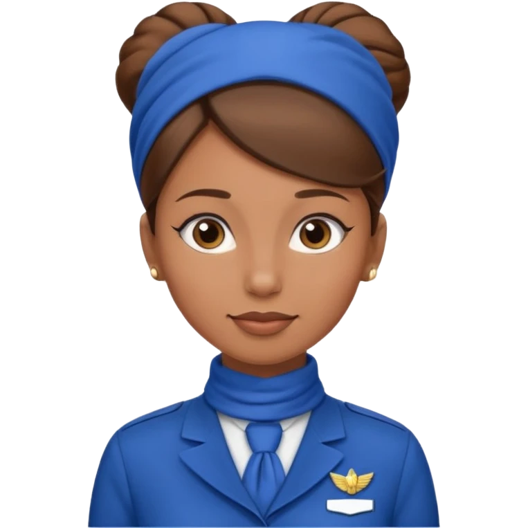 Light Brown skin flight attendant, brown hair in a bun, blue uniform, blue neck scarf emoji